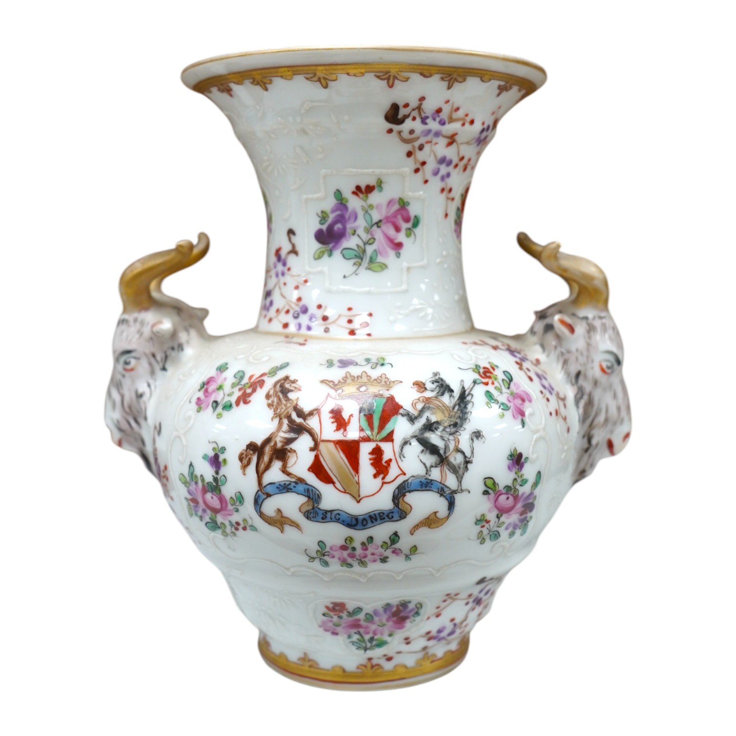 A Samson armorial porcelain vase with ram's head handles, 17cm high. Condition - good